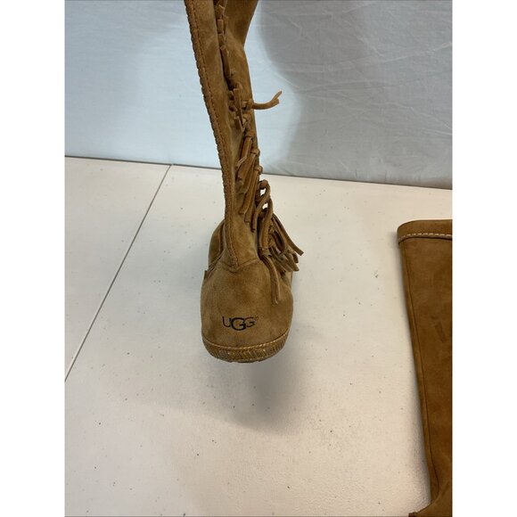 UGG Mammoth Moccasin Brown Sz 9 Suede Leather Fringed Tall Boots Festival‎ Boho - Picture 5 of 11